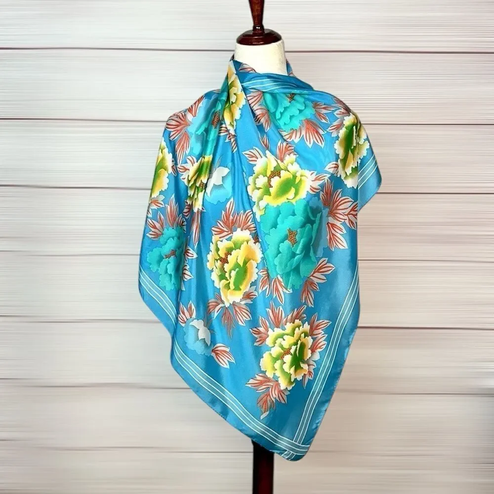 Elaine Gold for Collection XIIX Silk Square Scarf Floral Blue Gold made in Japan